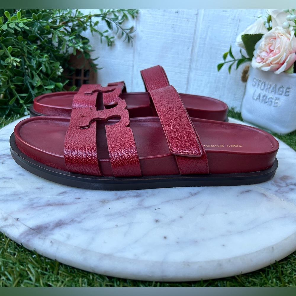 Tory Burch InesRed Leather Double-Strap Logo Slide Sandals - Picture 11 of 16